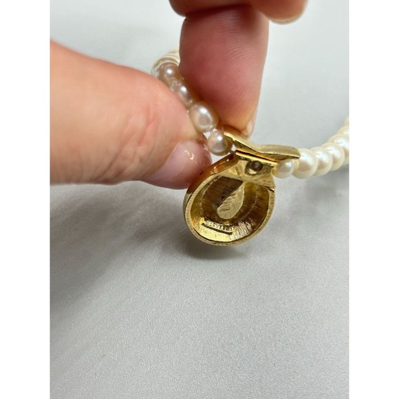 Signed Marvella Pearls Necklace with Pink Stone & Rhinestones Accents Gold Tone - Picture 11 of 12